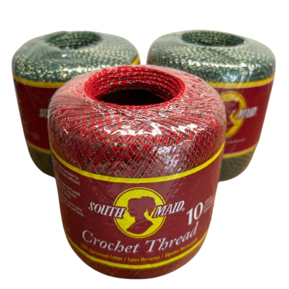 South Maid Crochet Thread Set Red and Green Metallic Mercerized Cotton